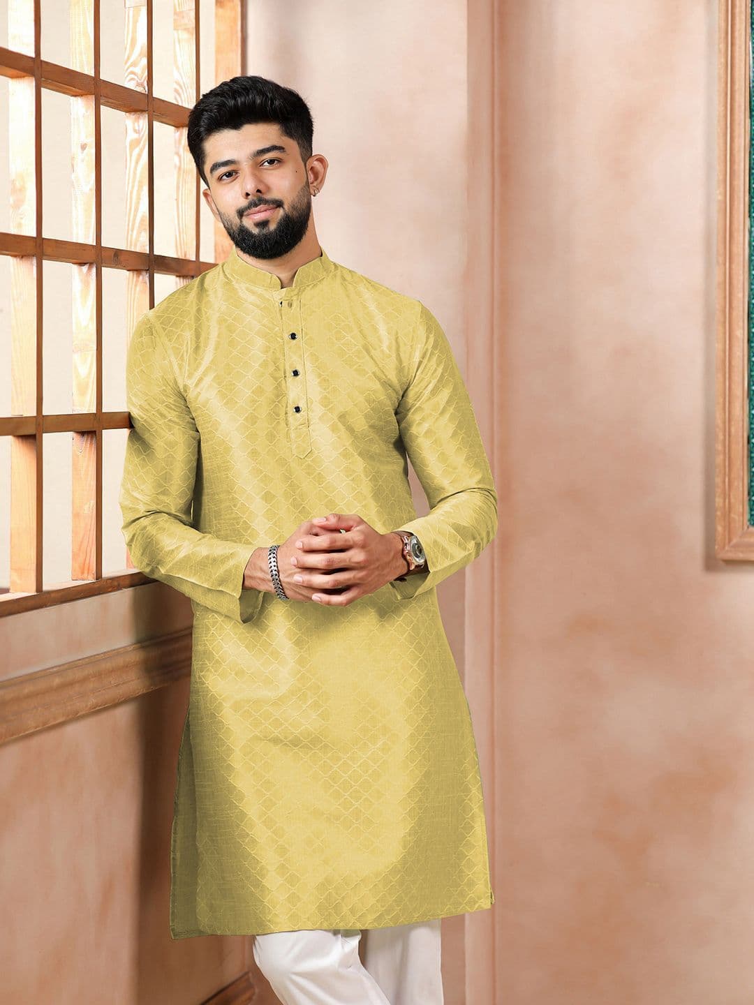 Koshin Geometric Woven Design Mandarin Collar Art Silk Straight Kurta - view 1