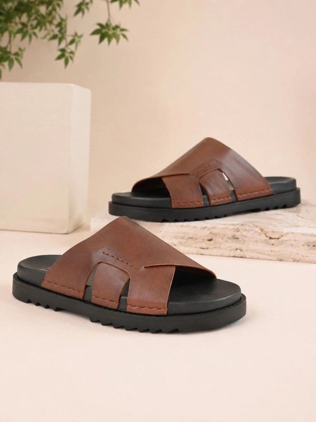 San Frissco Men Tan Leather Casual Slip On Round Toe Comfortable Sandals - view 1