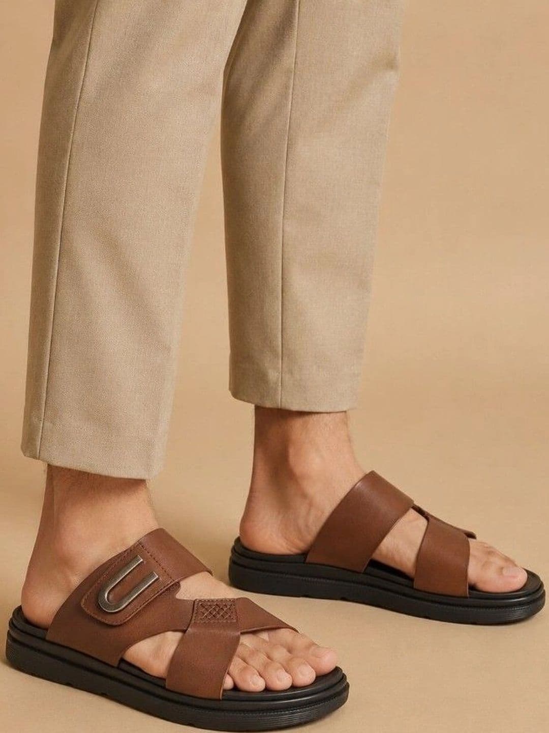 San Frissco Men Tan Leather Casual Slip On Comfortable Durable Sandals - view 1