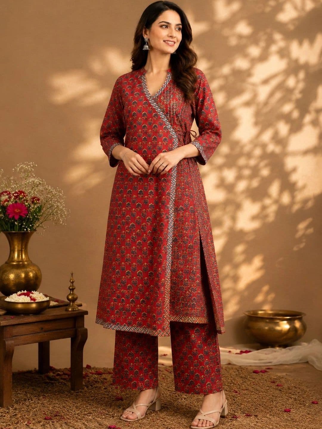 Araaha Women Ethnic Motifs Printed Angrakha Pure Cotton Kurta with Palazzos - view 1