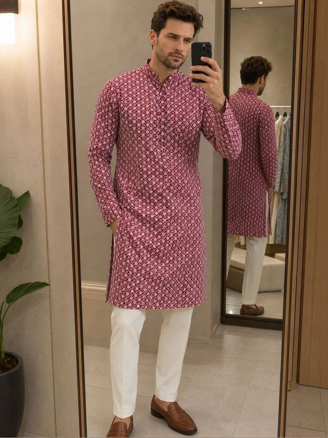 Anouk Men Geometric Embroidery Knee Length Straight Kurta - view 1