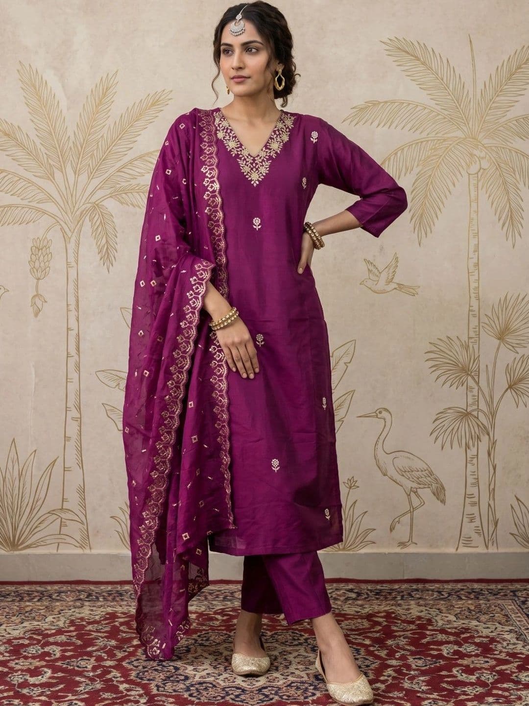 Sangria Women Ethnic Motifs Embroidered Regular Kurta with Trousers & With Dupatta - view 1