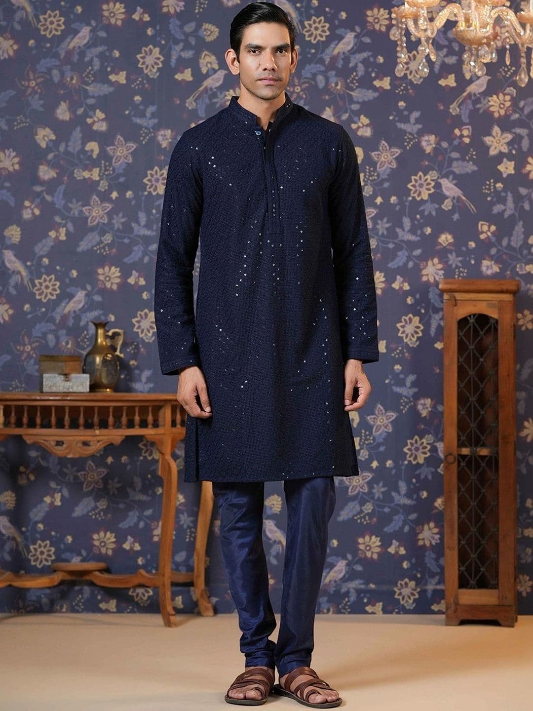 House of Pataudi Mens Pure Cotton Embroidered Mandarin Collar Straight Kurtas - view 1