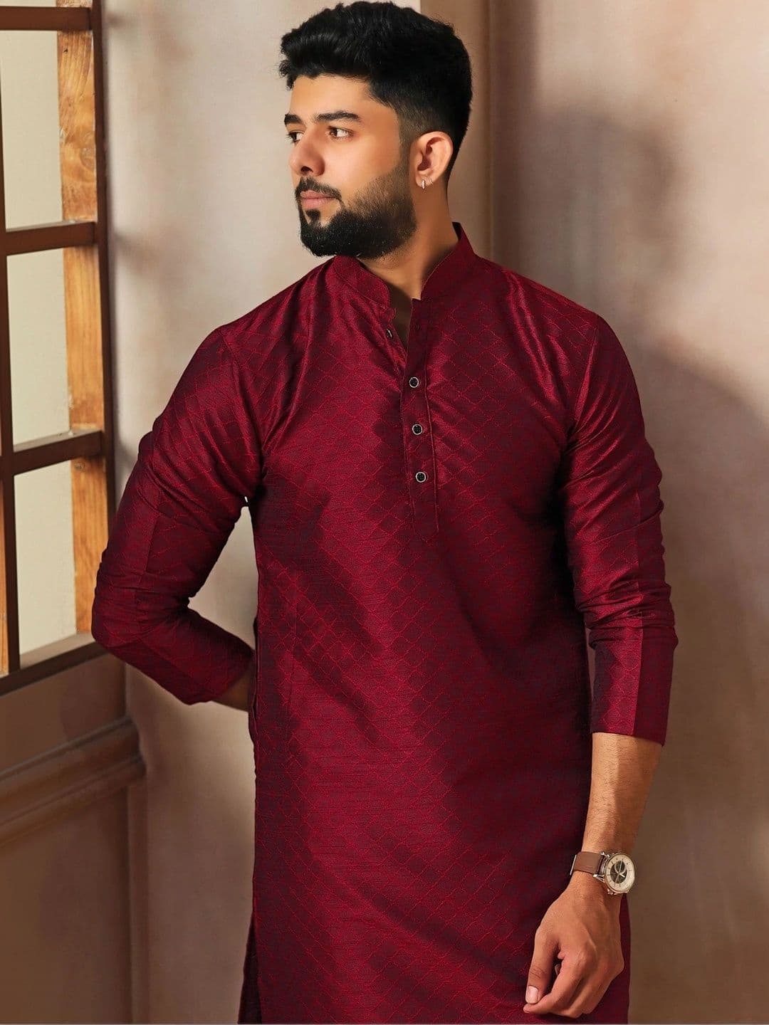 Koshin Mandarin Collar Jacquard Straight Silk Kurta - view 1