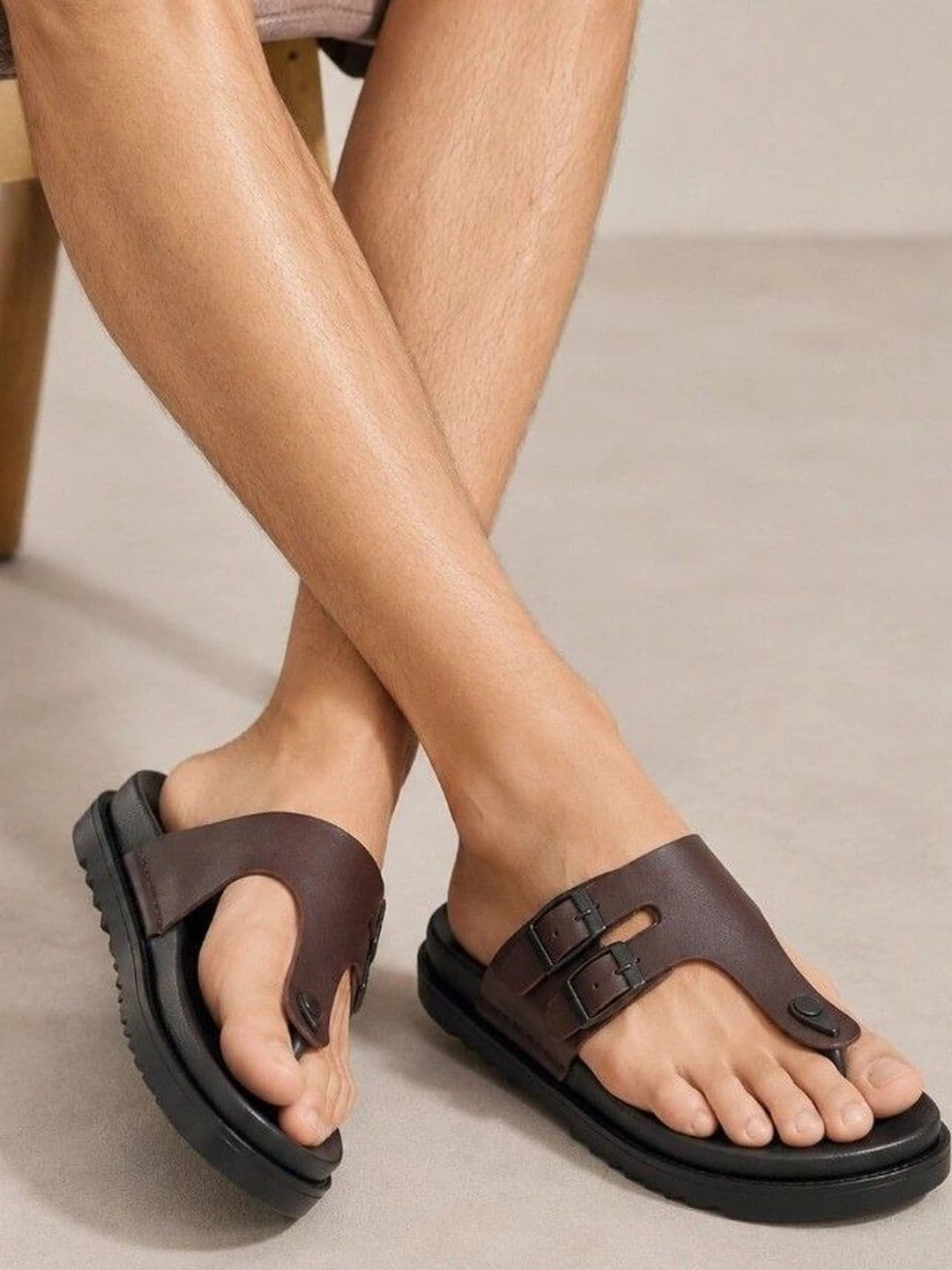San Frissco Men Brown Leather Casual Slip On T-Strap Comfortable Sandals - view 1