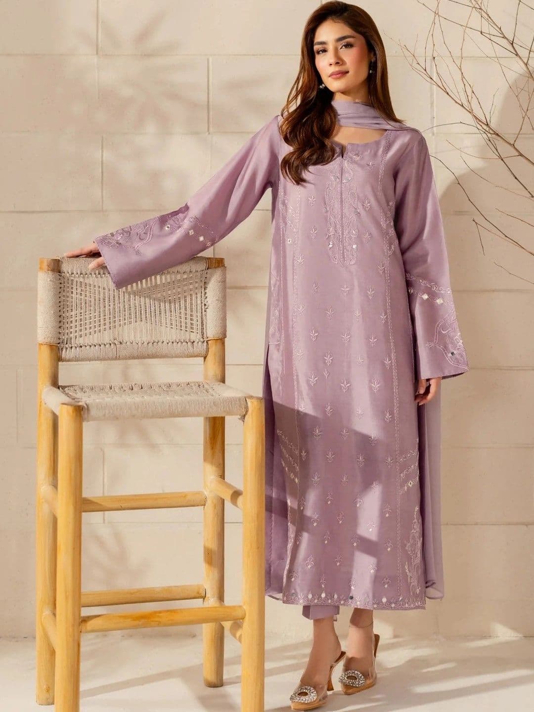 Sangria Women Ethnic Motifs Embroidered Regular Mirror Work Silk Crepe Kurta with Trousers & With Dupatta - view 1