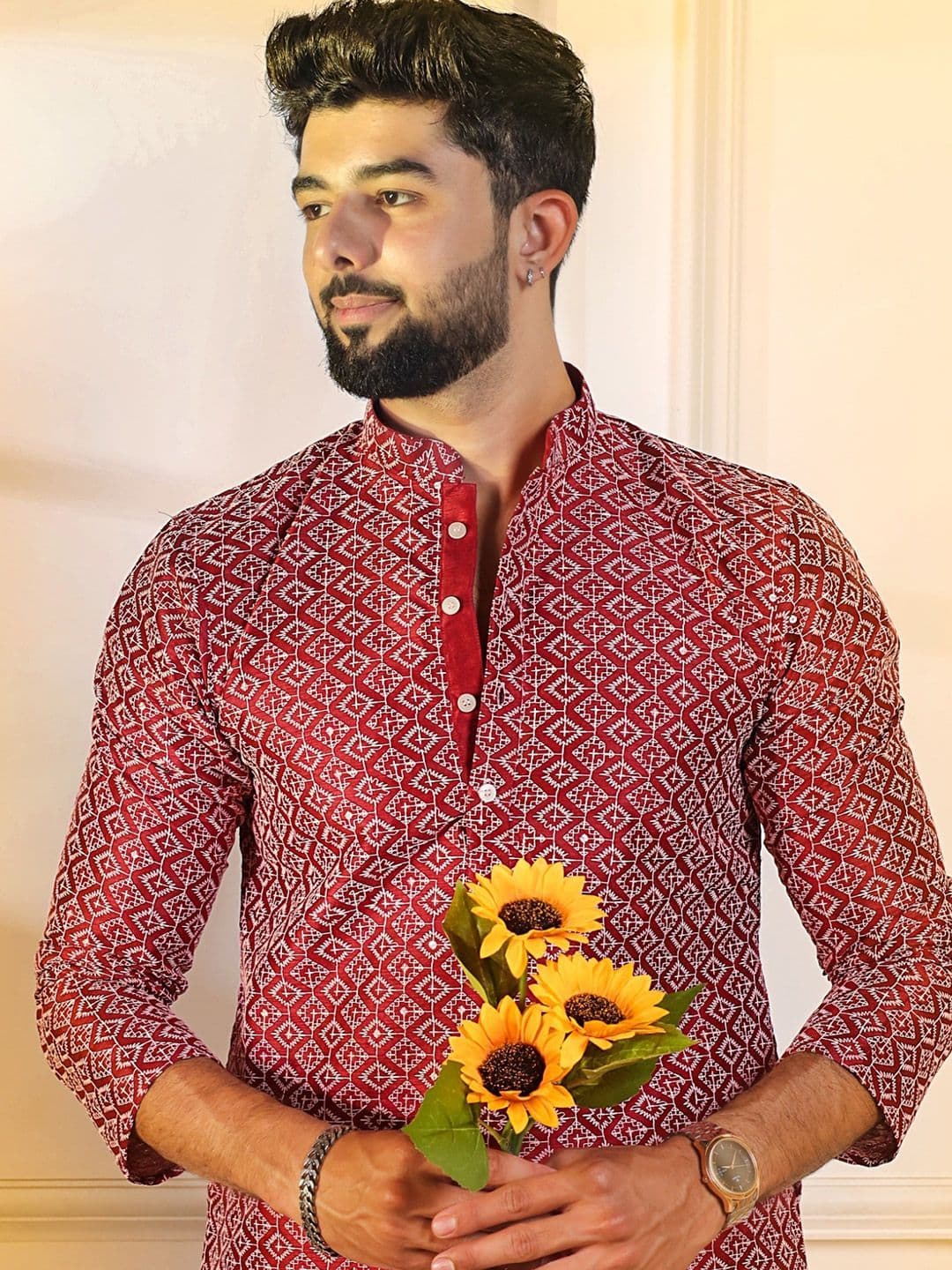 Koshin Men Printed Flared Sleeves Sequinned Jacquard Kurta - view 1