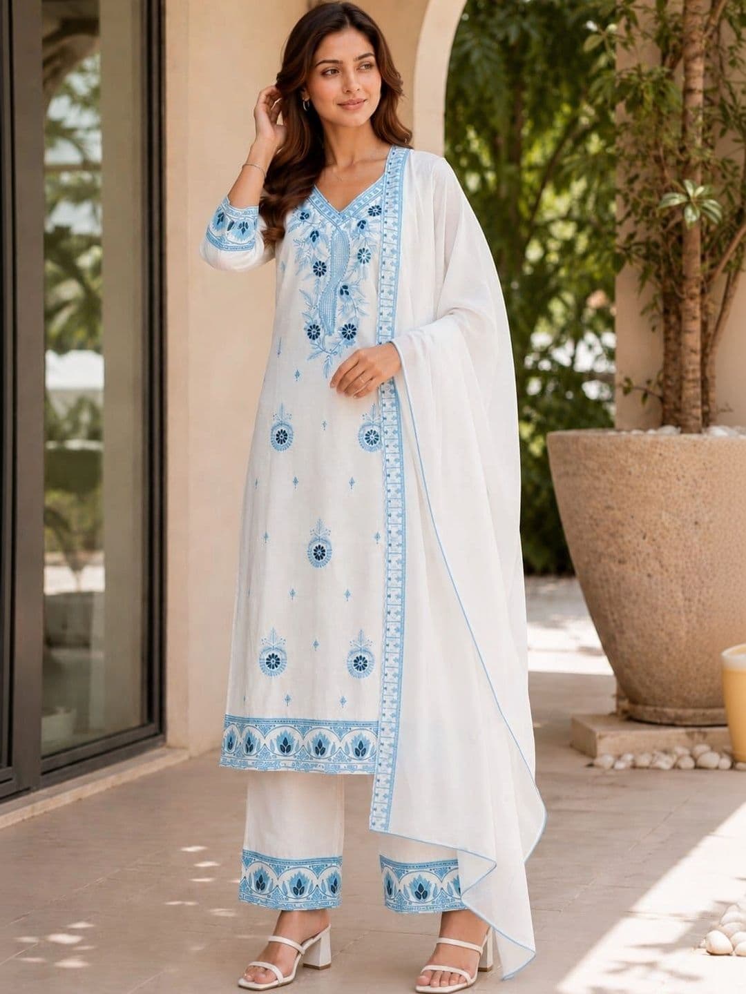 Fabcurio Women Ethnic Motifs Embroidered Regular Thread Work Pure Cotton Kurta with Palazzos & With Dupatta - view 1