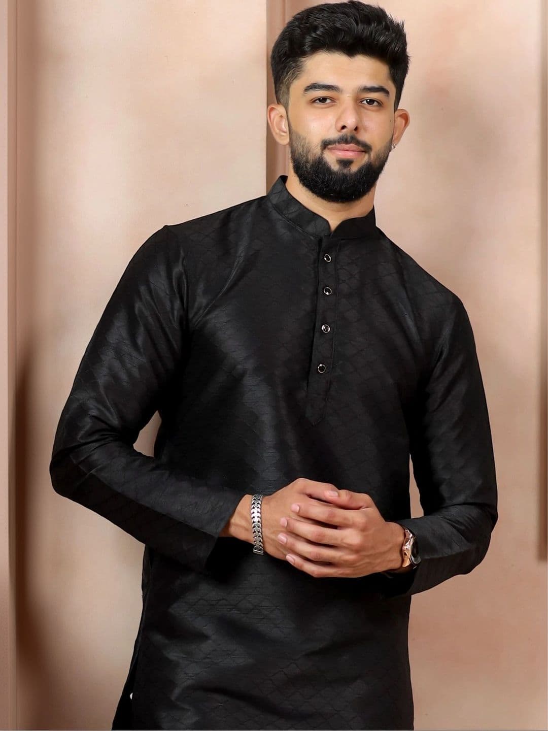 Koshin Thread Work Woven Design Jacquard Mandarin Collar Patani Silk Kurta - view 1