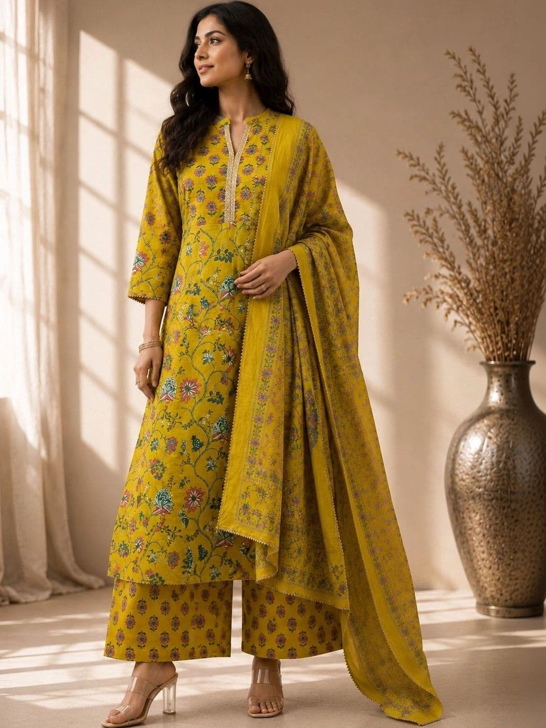ISHWAR Women Floral Printed Regular Pure Cotton Kurta with Palazzos & With Dupatta - view 1