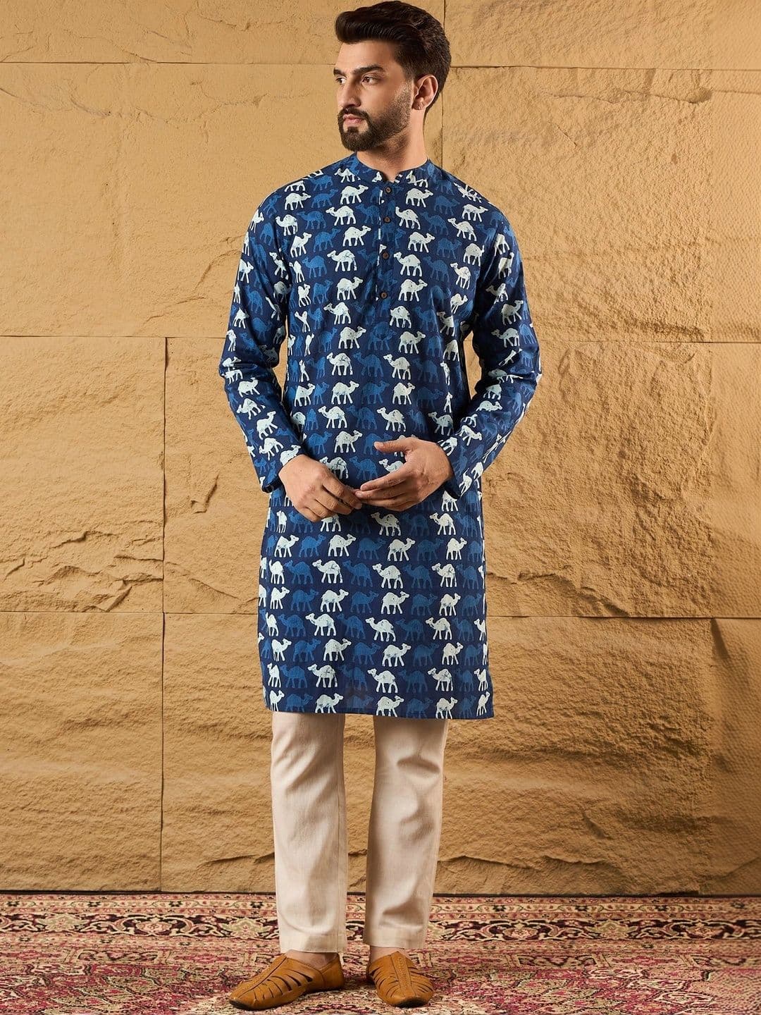 House of Pataudi Mens Pure Cotton Animal Printed Mandarin Collar Kurta - view 1
