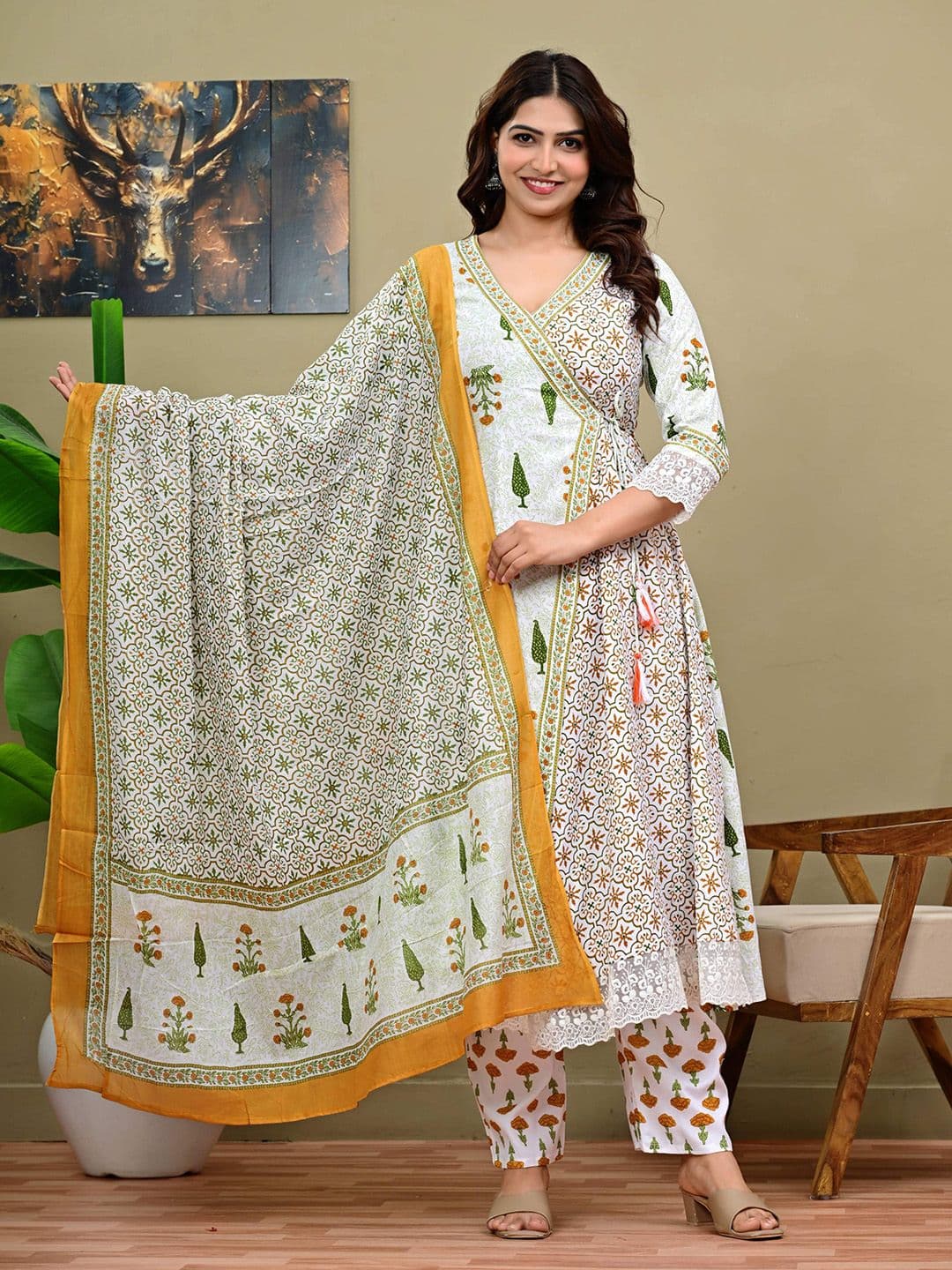DSS FASHION Women Floral Printed Angrakha Pure Cotton Kurta with Trousers & With Dupatta - view 1