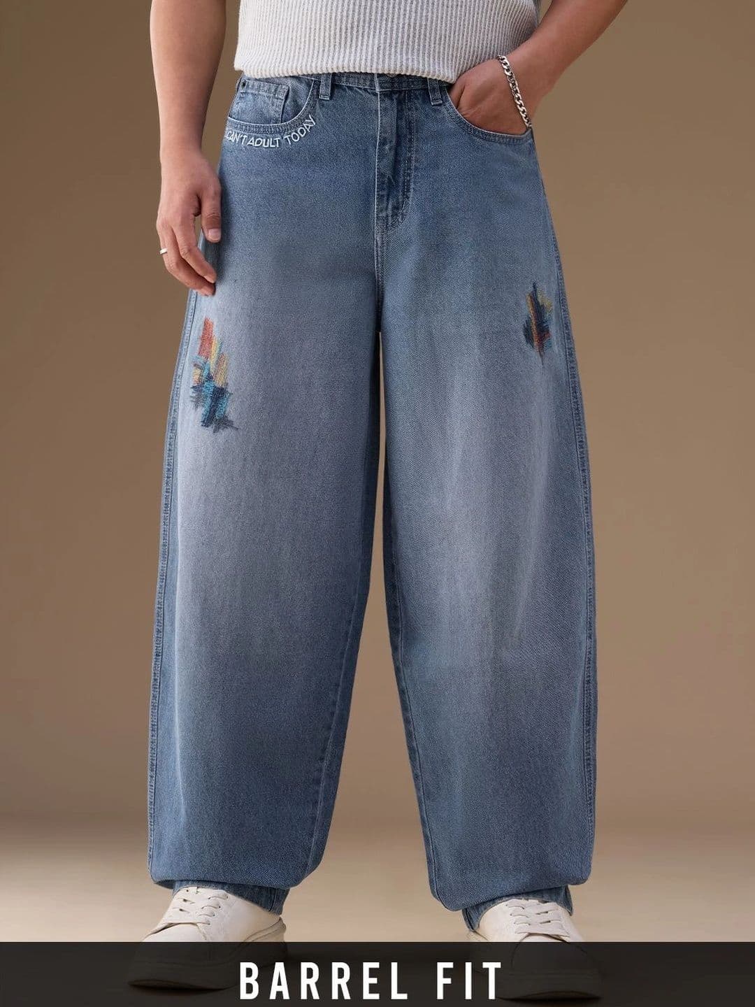 The Souled Store Men Mid-Rise Low Distress Light Fade Embroidered Barrel Fit Blue Jeans - view 1