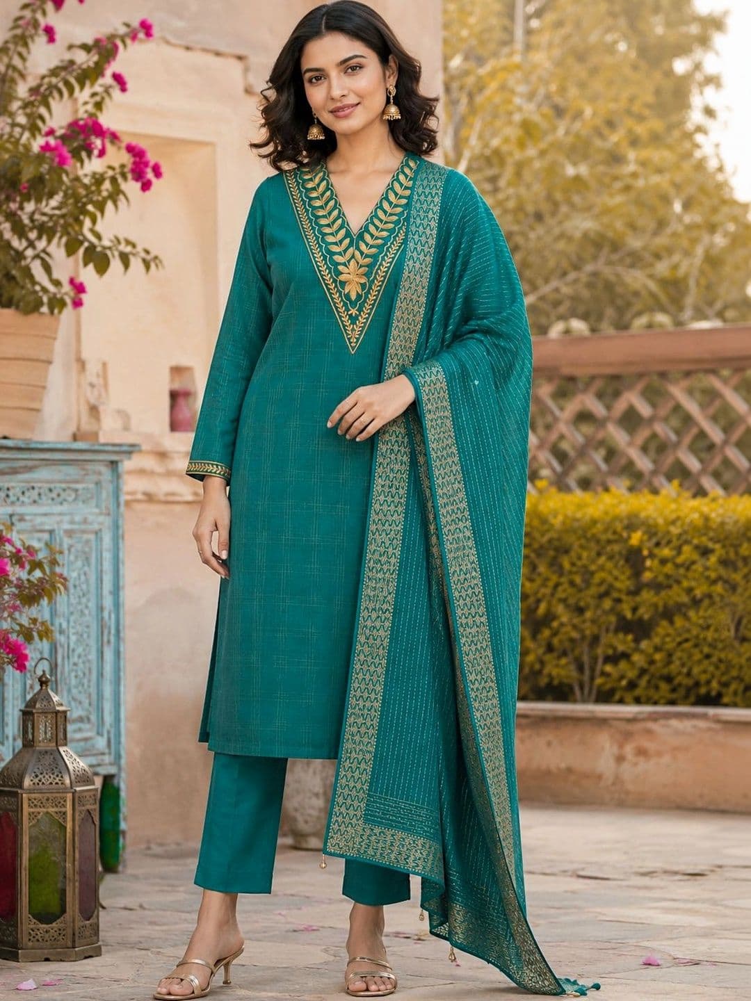 Ibrana Women Ethnic Motifs Embroidered Regular Thread Work Kurta with Trousers & With Dupatta - view 1