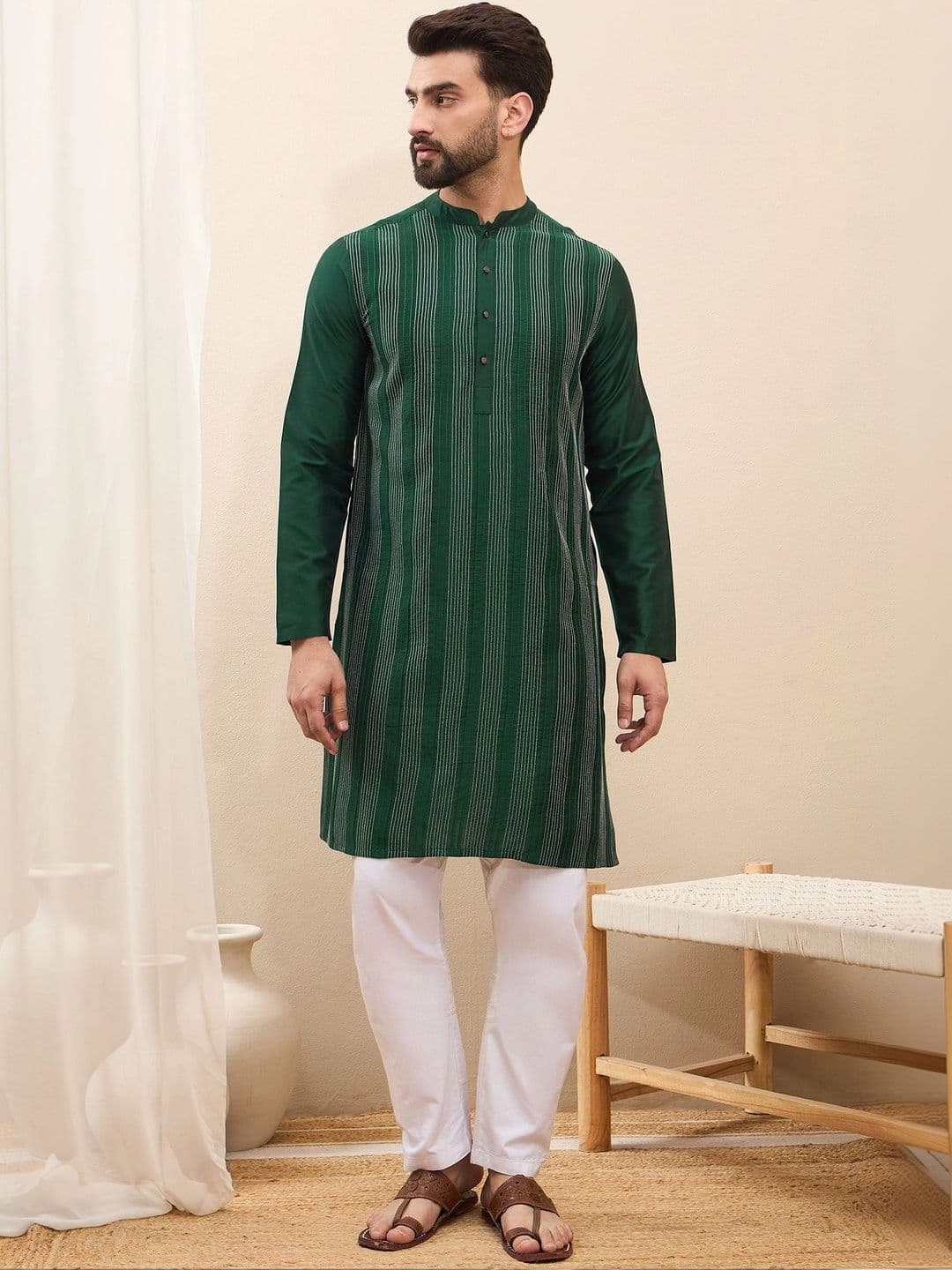 House of Pataudi Mens Pure Cotton Striped Mandarin Collar Straight Kurta - view 1