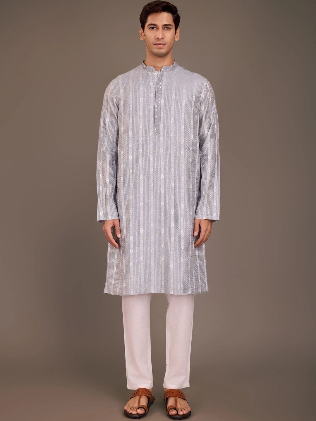 House of Pataudi Mens Pure Cotton Striped Mandarin Collar Straight Kurta - view 1