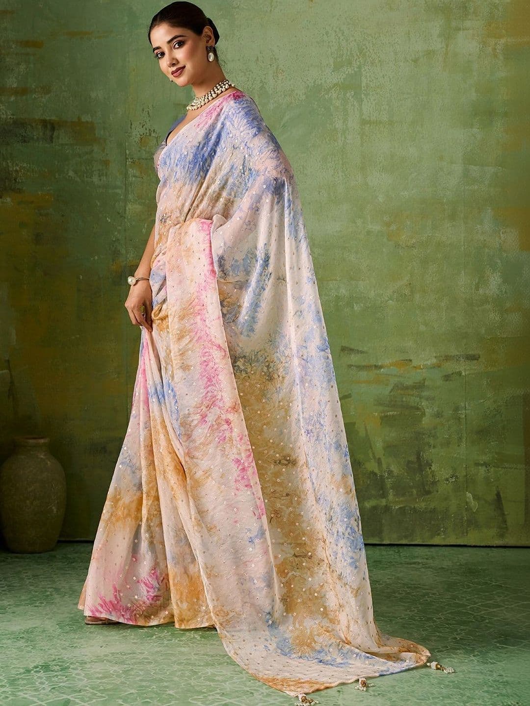 The Textile Hub Tie and Dye Poly Chiffon Saree - view 1