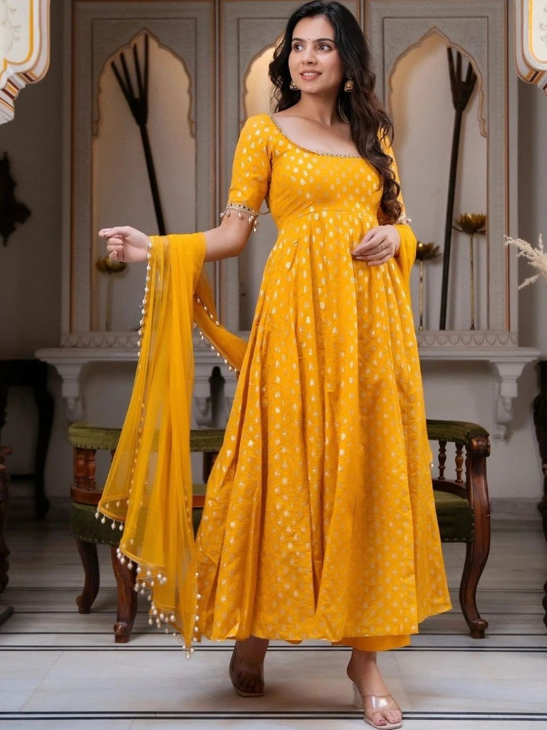 NAVYAAZRI Women Ethnic Motifs Printed Empire Gotta Patti Chanderi Silk Kurta with Trousers & With Dupatta - view 1