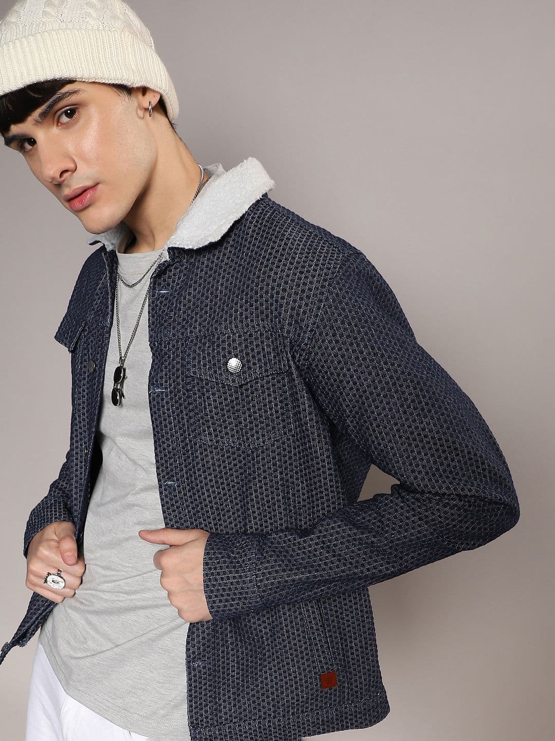 CAHOOT Campus Sutra Navy Blue Geometric Printed Windcheater Cotton Denim Jacket - view 1