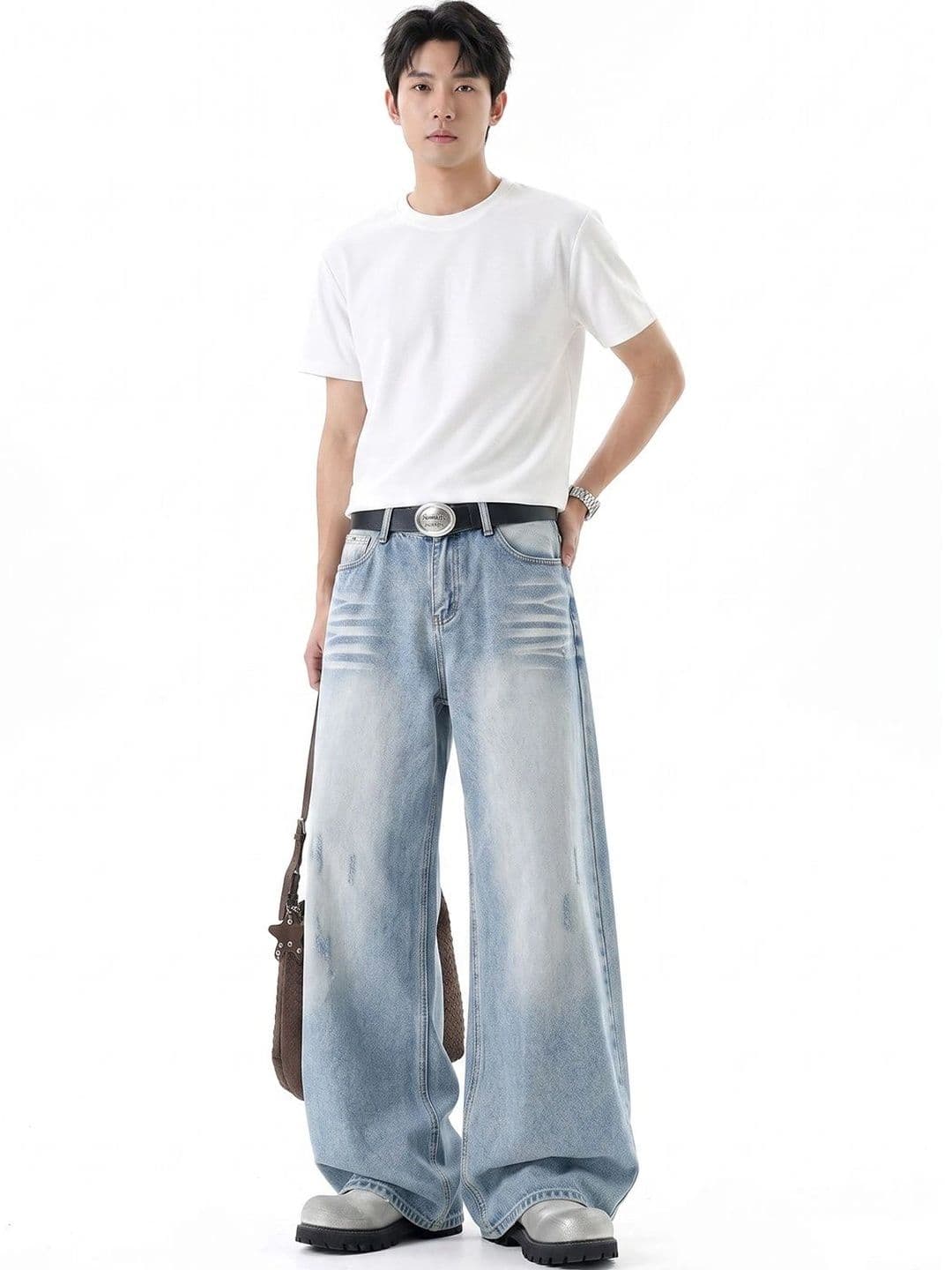 StyleCast x Revolte Men Wide Leg Mid-Rise Low Distress Light Fade Embellished Jeans - view 1