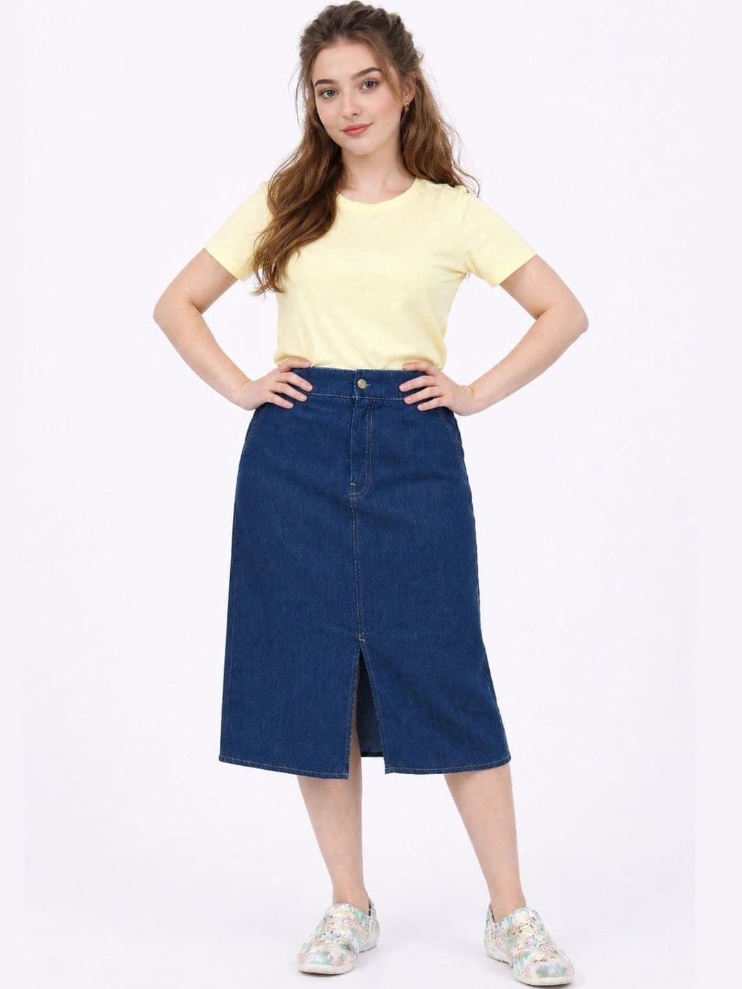 Tripursundari Fashion Women Denim Front Slit Midi Straight Skirt - view 1