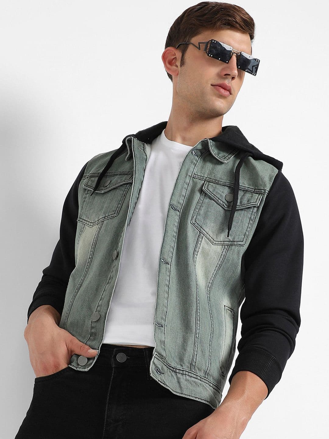 CAHOOT Grey & Black Colourblocked Washed Windcheater Hooded Cotton Denim Jacket - view 1