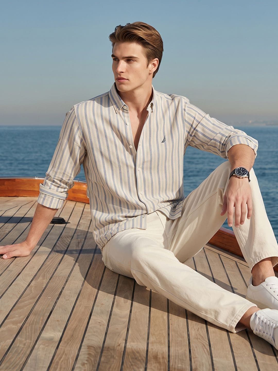 Nautica Vertical Striped Cotton Linen Casual Shirt - view 1
