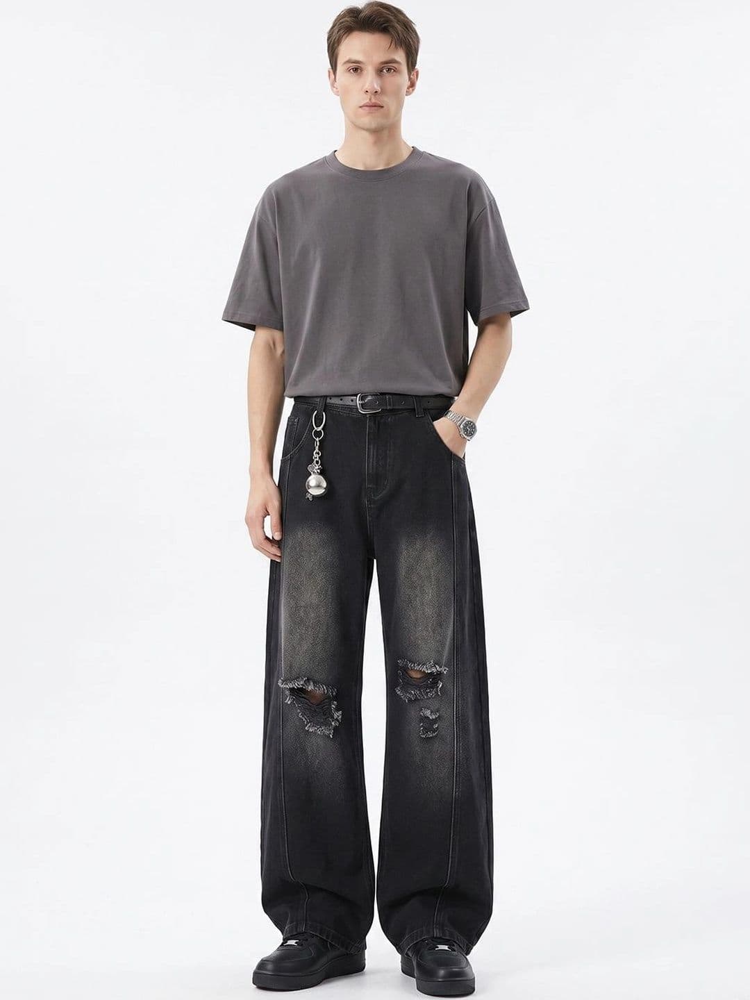 StyleCast x Revolte Men Wide Leg Mid-Rise Highly Distressed Light Fade Jeans - view 1