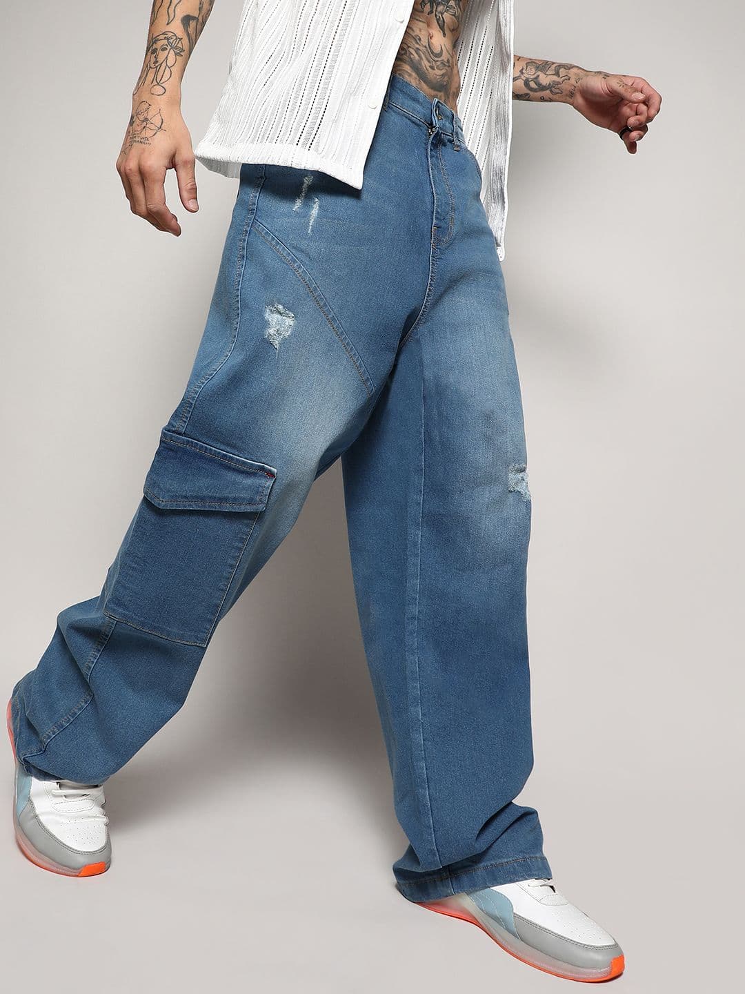 CAHOOT Men Smart Wide Leg Mildly Distressed Light Fade Stretchable Jeans - view 1