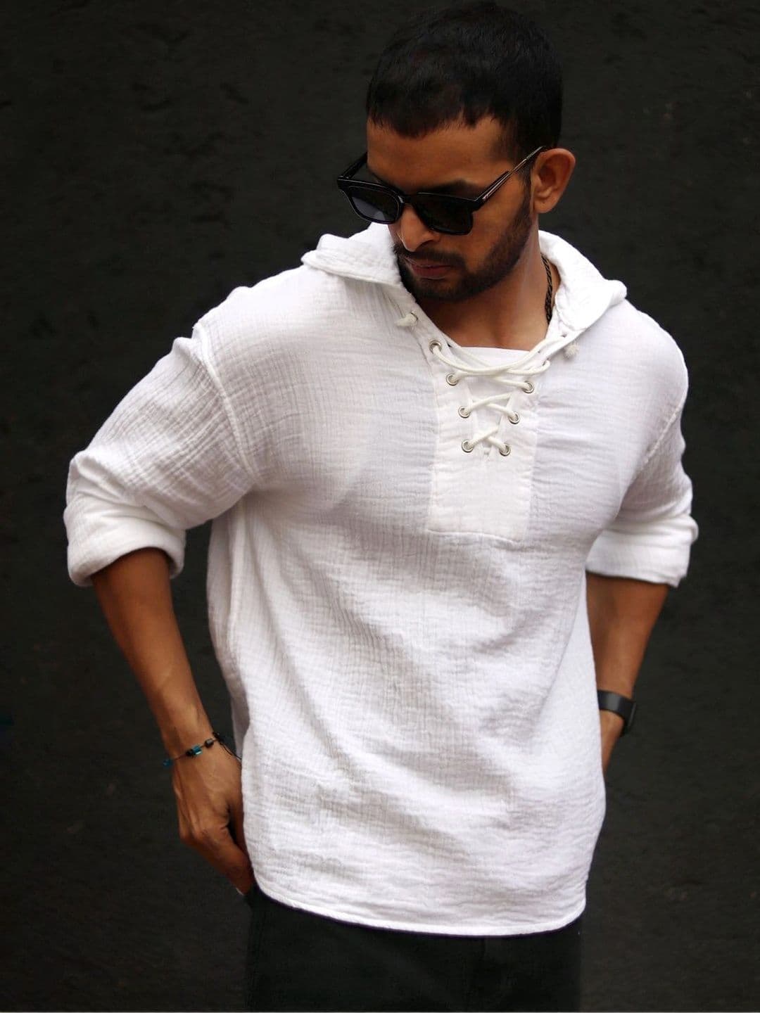Powerlook Textured Hooded Tie-Ups Detail Indian Slim Oversize Pure Cotton Casual Shirt - view 1