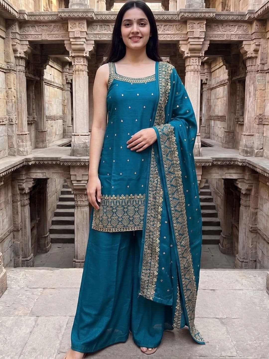 Anushansa Women Ethnic Motifs Embroidered Regular Thread Work Pure Silk Kurta with Palazzos & With Dupatta - view 1