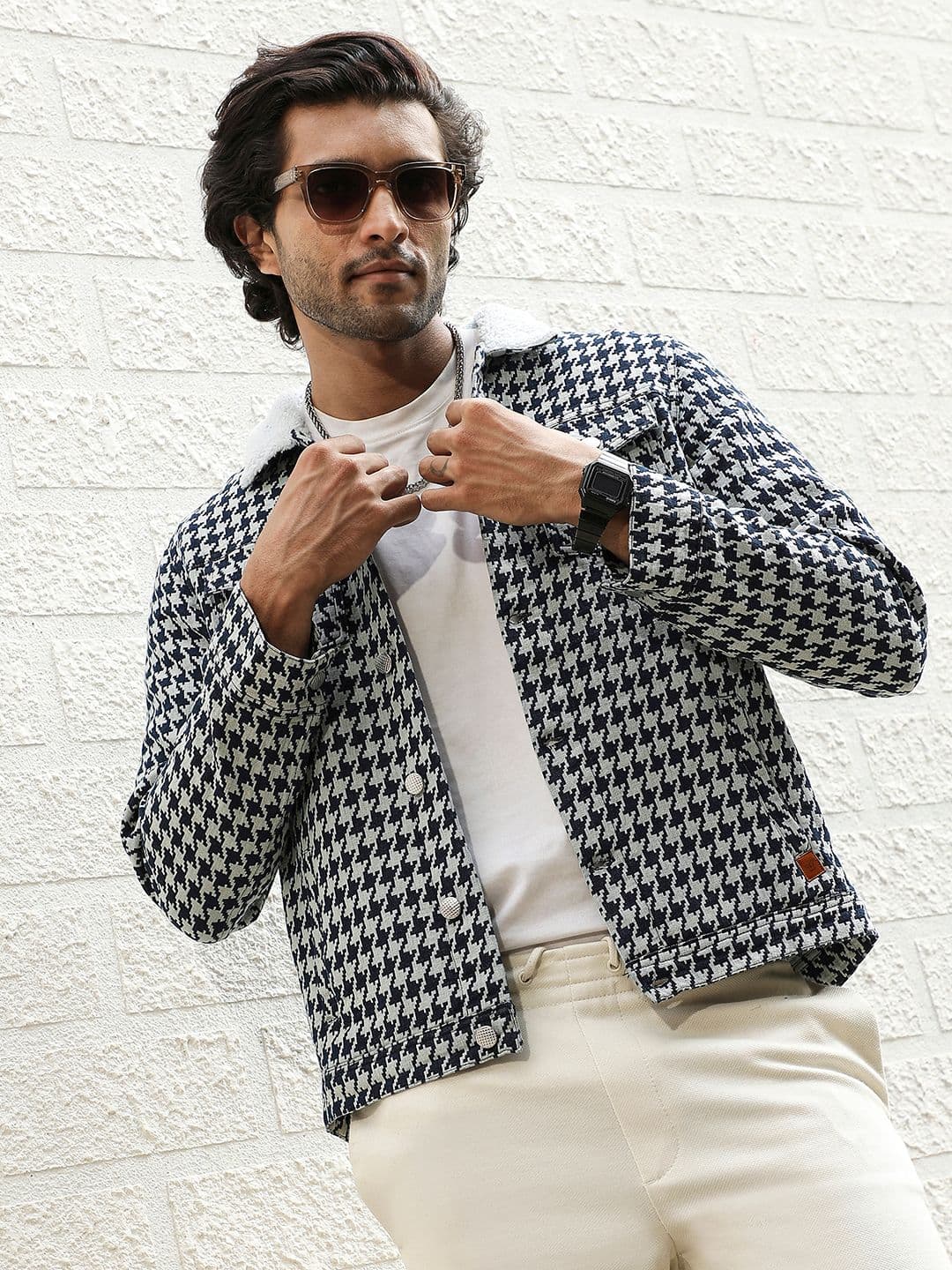 CAHOOT Navy Blue & White Geometric Printed Windcheater Cotton Denim Jacket - view 1