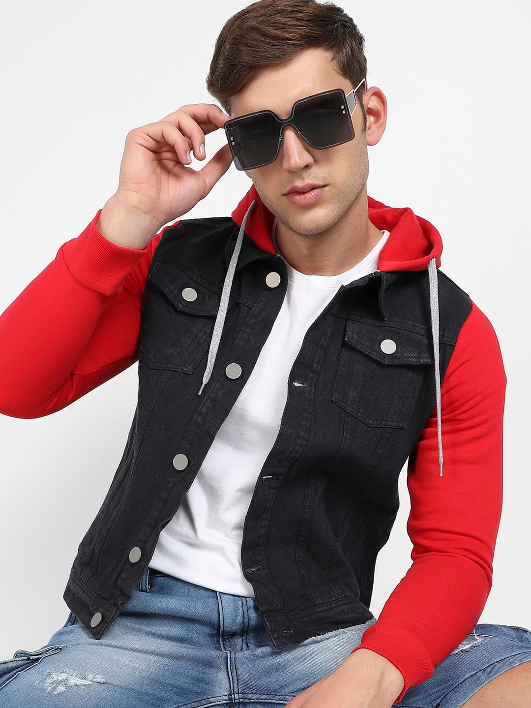 CAHOOT Black & Red Colourblocked Windcheater Hooded Cotton Denim Jacket - view 1