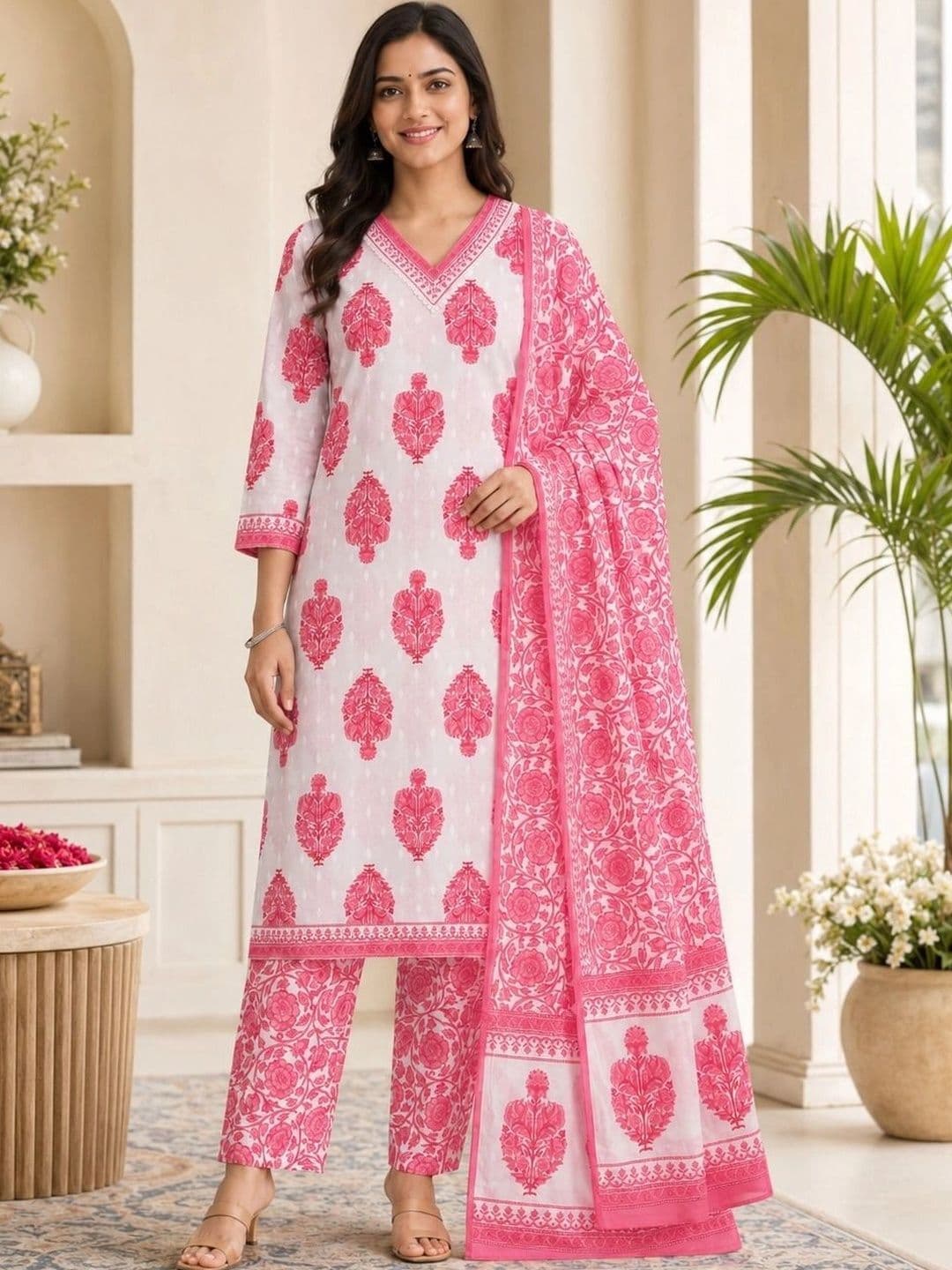 KALINI Women Pink Pure Cotton Kurta With Trousers & Dupatta - view 1