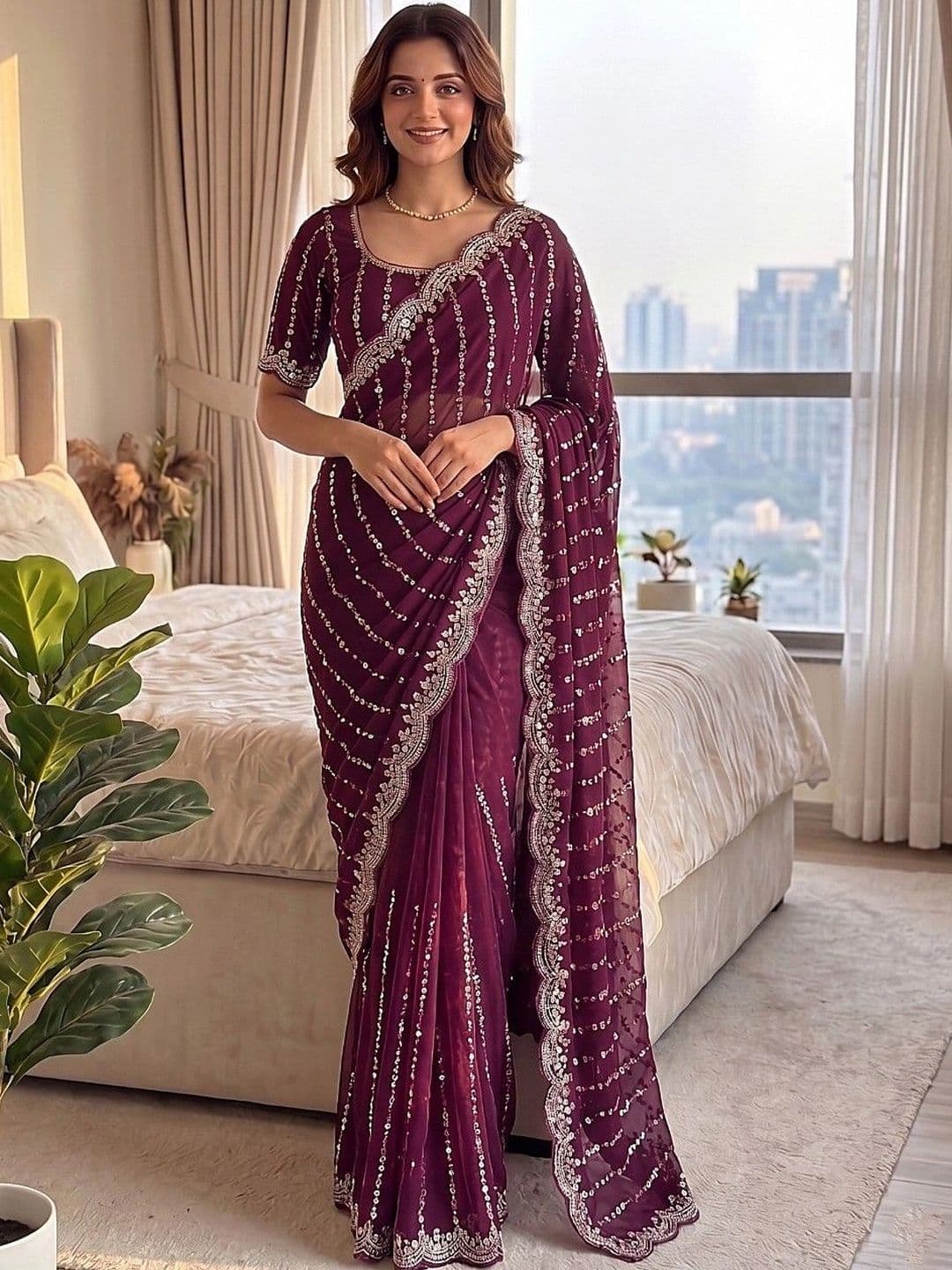 HESVI Embroidered Satin Heavy Work Saree - view 1