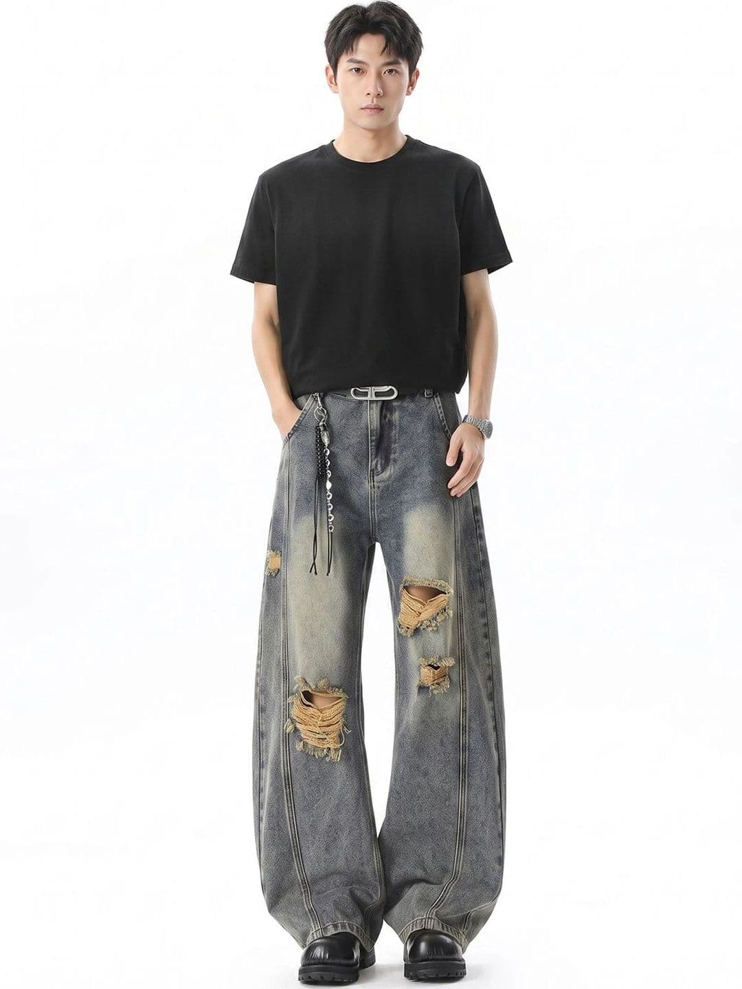 StyleCast x Revolte Men Wide Leg Mid-Rise Highly Distressed Light Fade Jeans - view 1