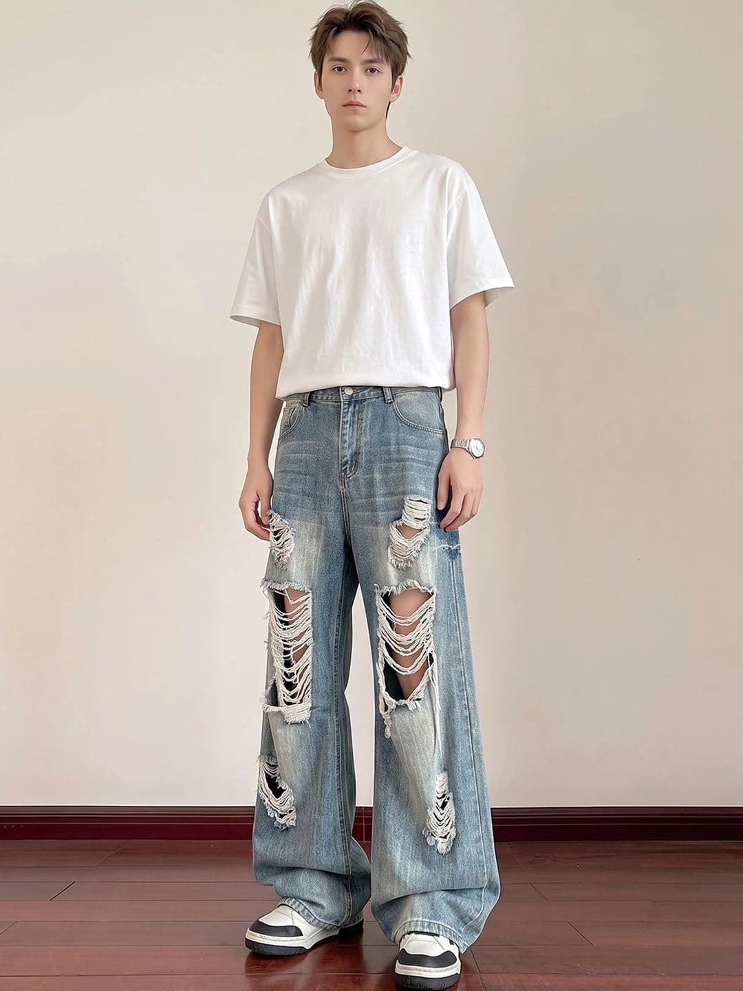 StyleCast x Revolte Men Wide Leg Mid-Rise Highly Distressed Light Fade Jeans - view 1