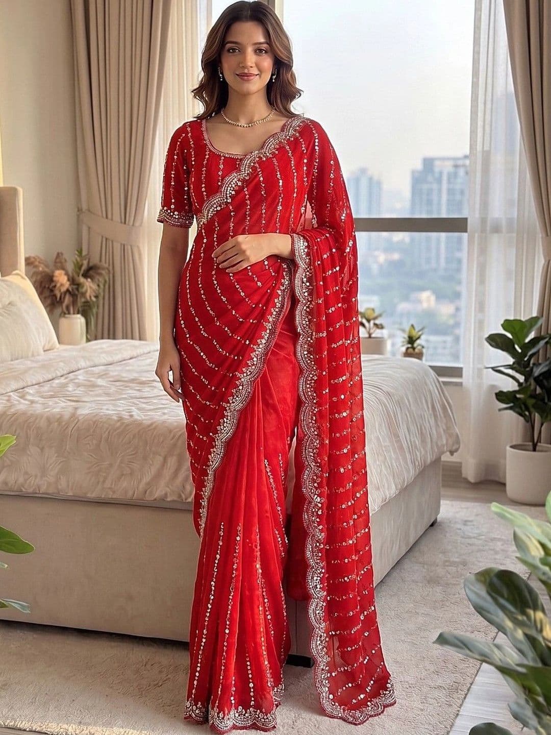 HESVI Embroidered Satin Heavy Work Saree - view 1