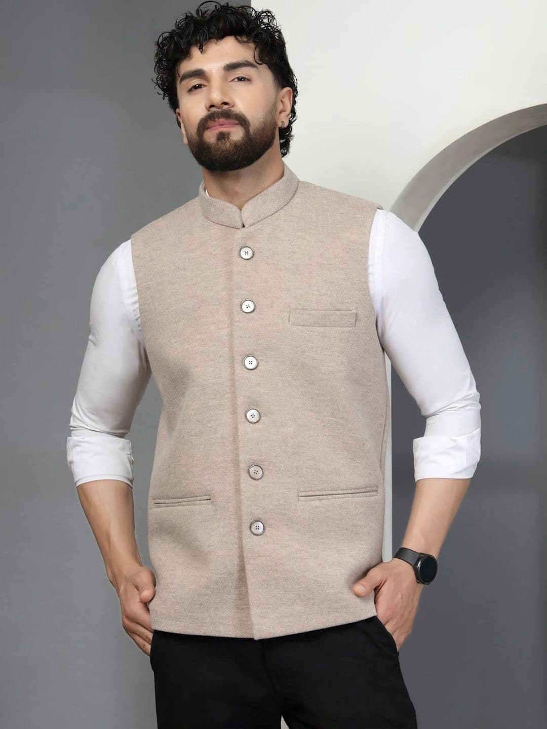 DEIFIC Mandarin Collar Woven Nehru Jackets - view 1