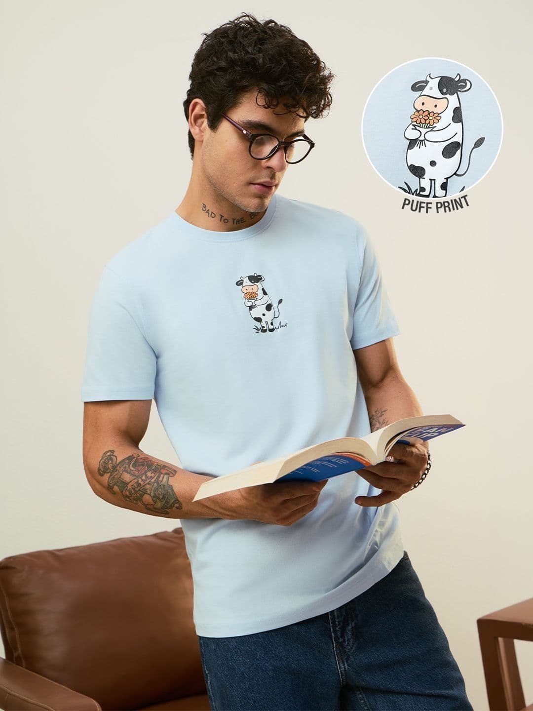 The Souled Store Men Regular Fit Puff Print Blue T-Shirts - view 1