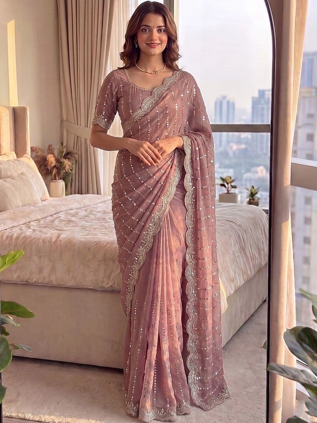 HESVI Embroidered Satin Heavy Work Saree - view 1