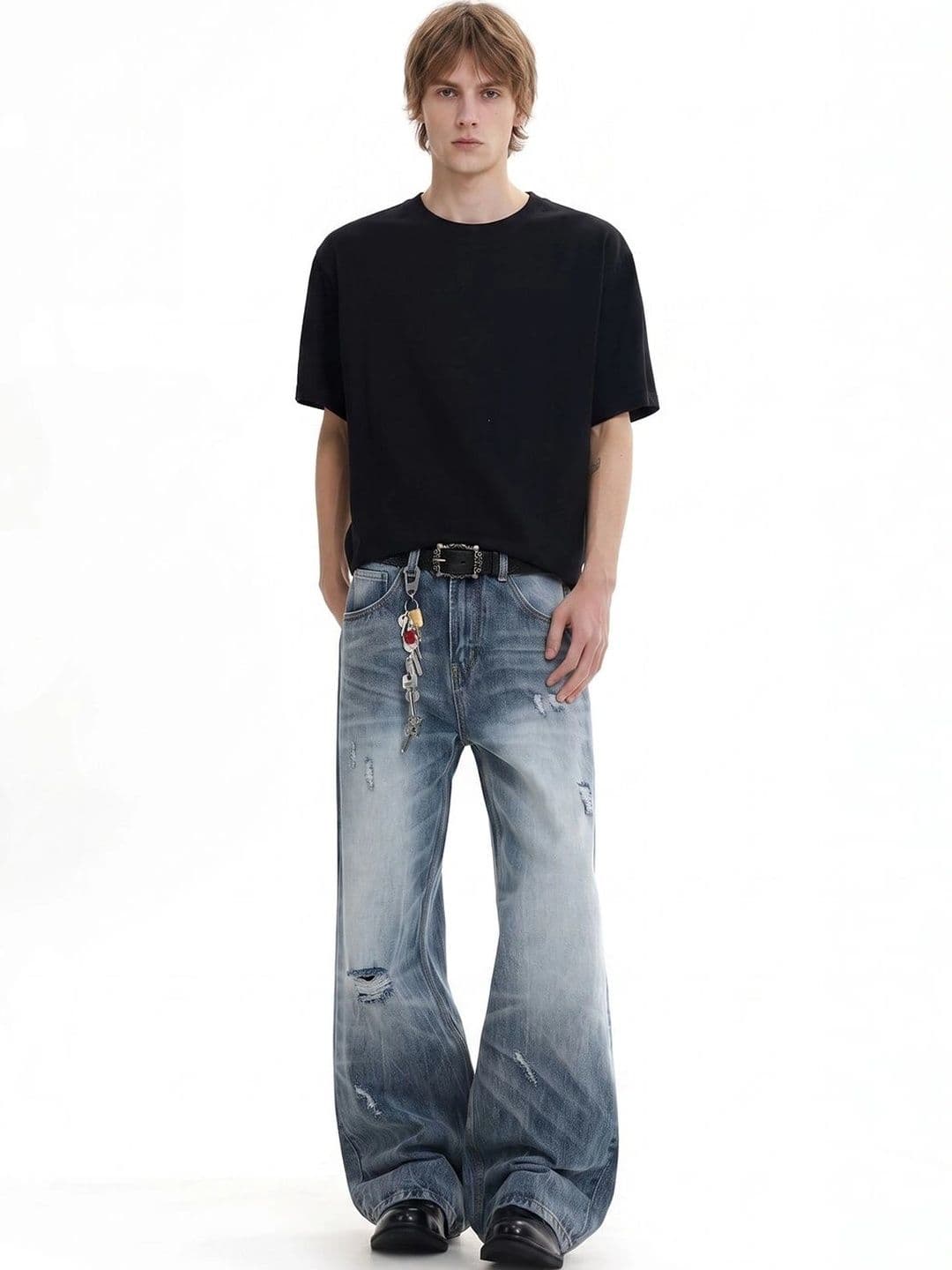 StyleCast x Revolte Men Wide Leg Mid-Rise Highly Distressed Heavy Fade Jeans - view 1