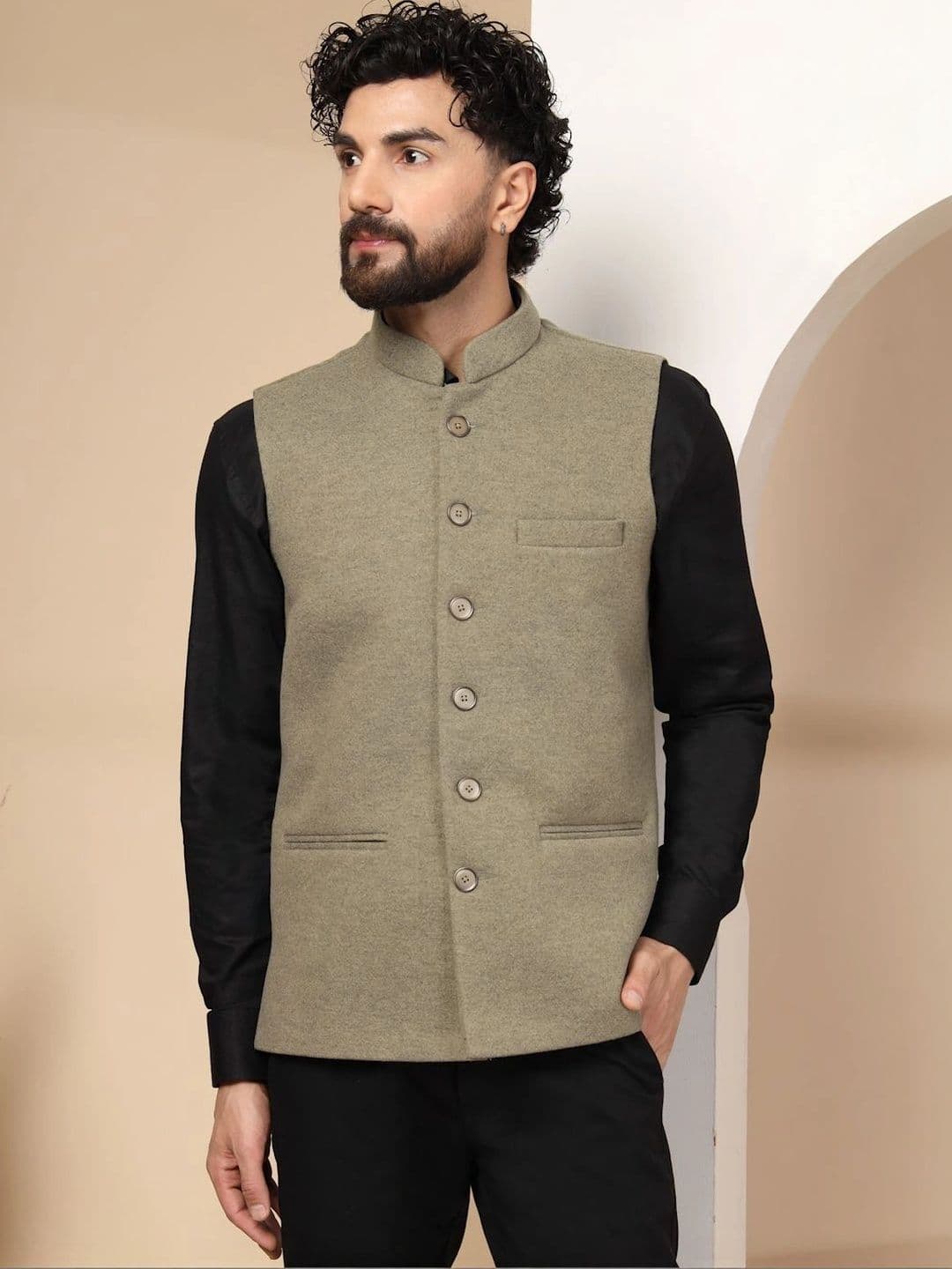 DEIFIC Mandarin Collar Woven Nehru Jacket - view 1