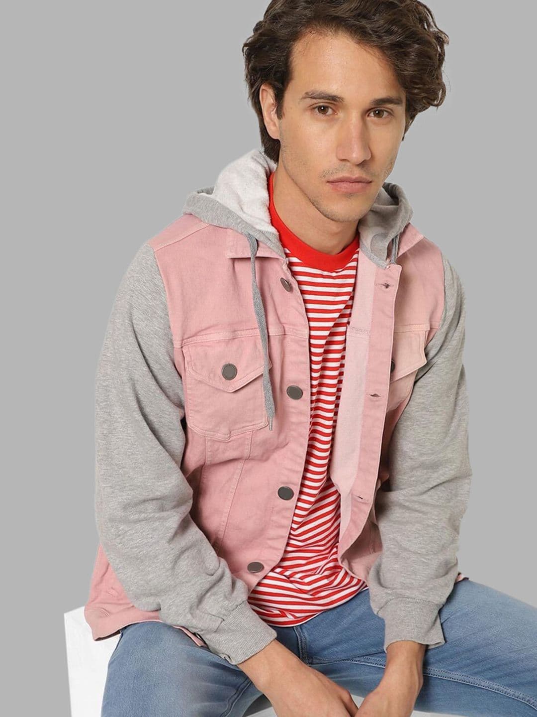 CAHOOT Men Pink Grey Colourblocked Windcheater Outdoor Tailored Jacket - view 1