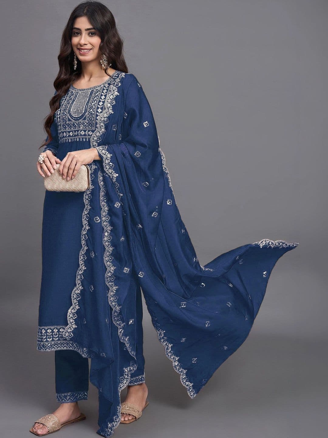 Shree Ramkrishna Fab Women Ethnic Motifs Embroidered Regular Thread Work Kurta with Trousers & With Dupatta - view 1