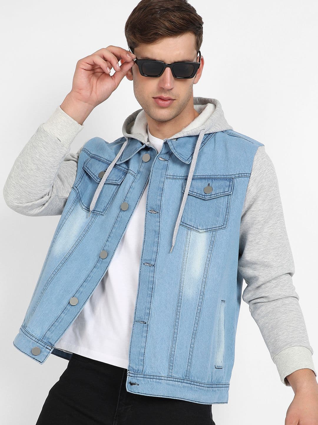 CAHOOT Blue & Grey Washed Colourblocked Windcheater Hooded Cotton Denim Jacket - view 1