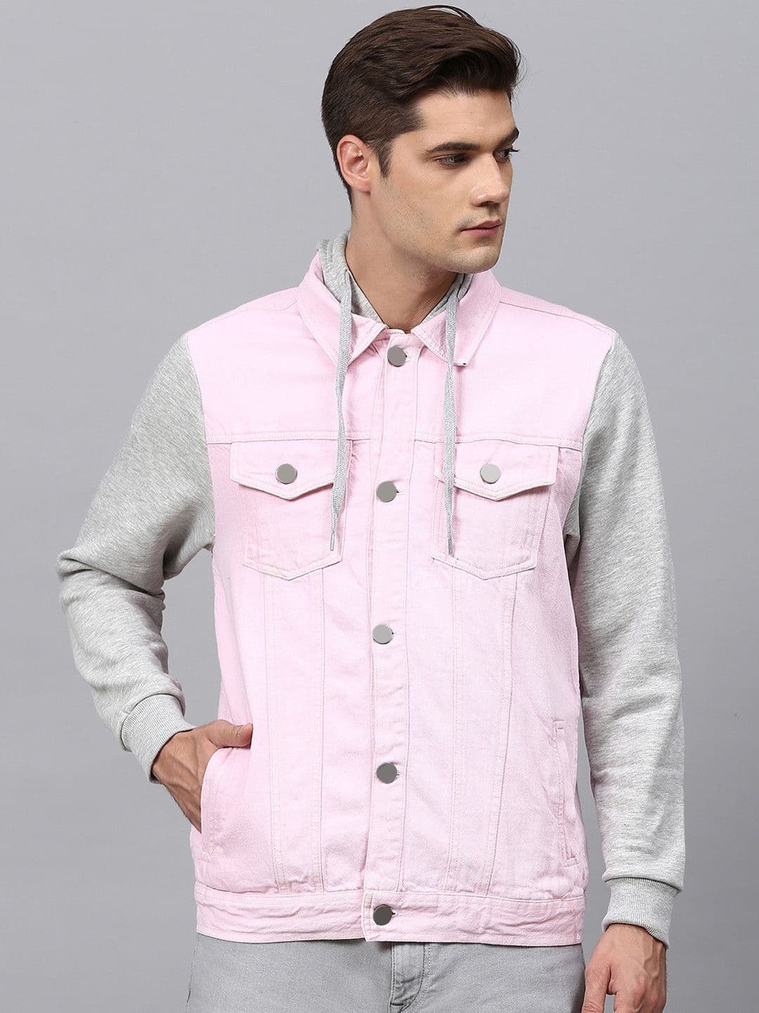 CAHOOT Men Pink Colourblocked Windcheater Cotton Denim Jacket - view 1