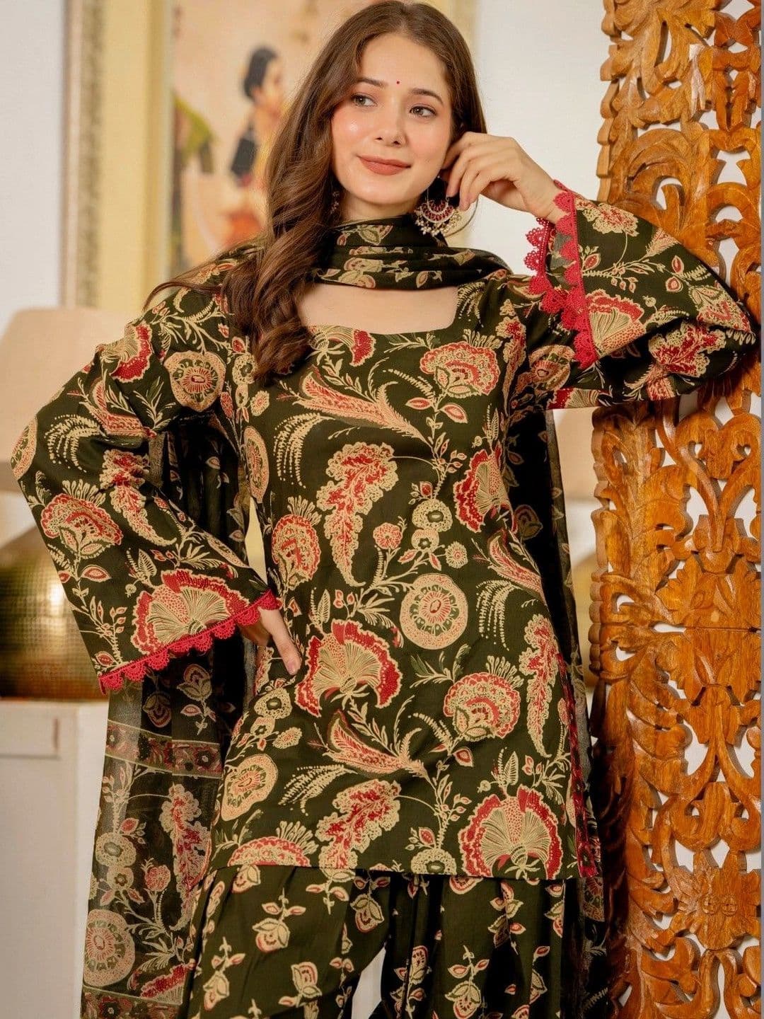 KALINI Women Floral Printed Regular Pure Cotton Kurta with Patiala & With Dupatta - view 1