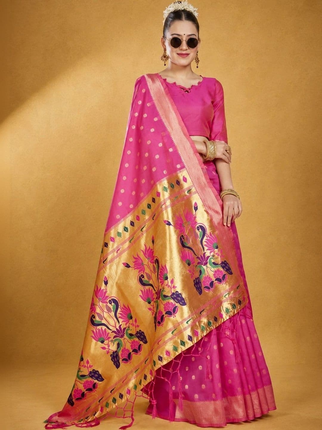 House of Pataudi Floral Zari Silk Blend Paithani Saree - view 1