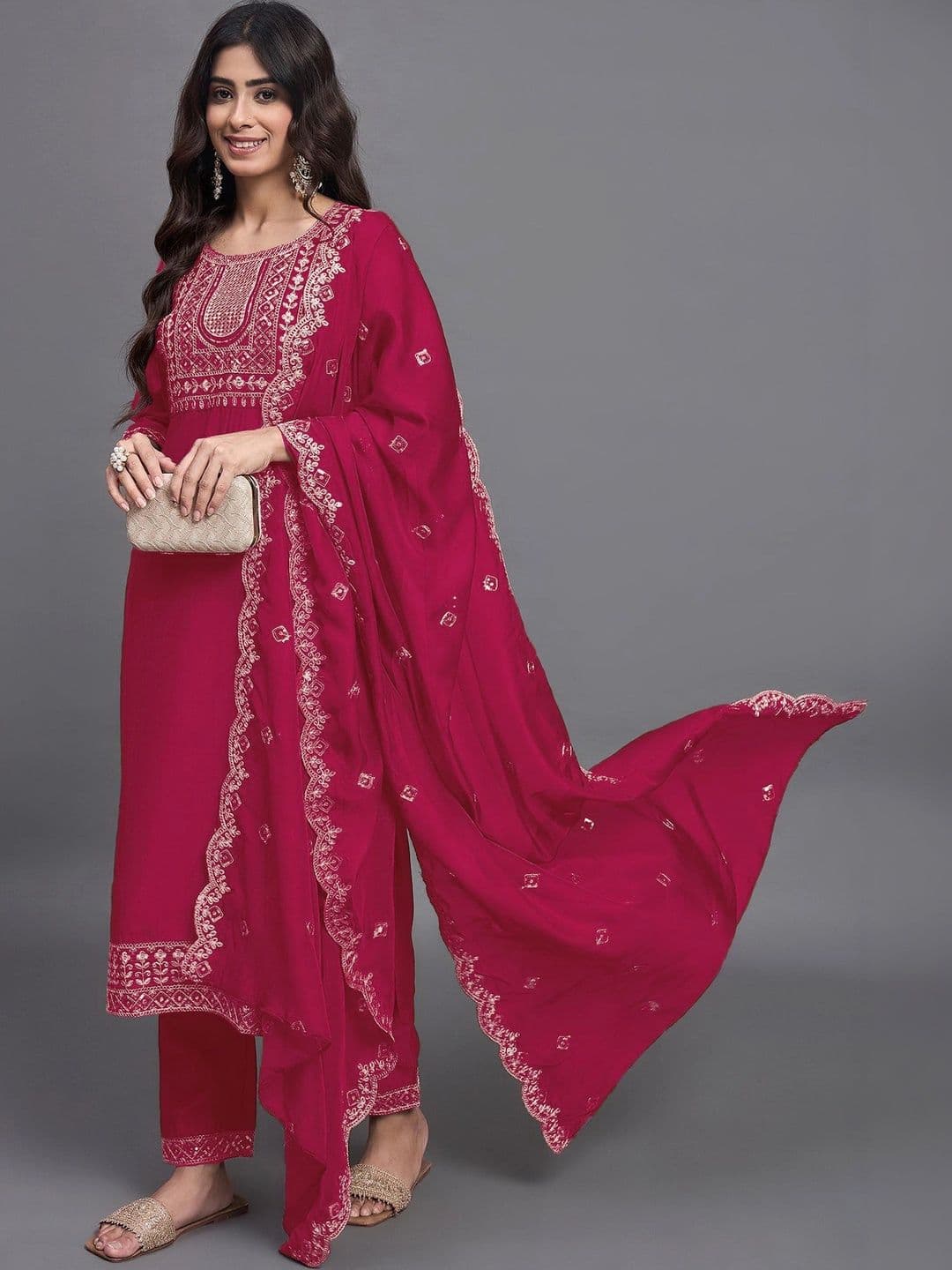 Shree Ramkrishna Fab Women Ethnic Motifs Embroidered Regular Thread Work Kurta with Trousers & With Dupatta - view 1